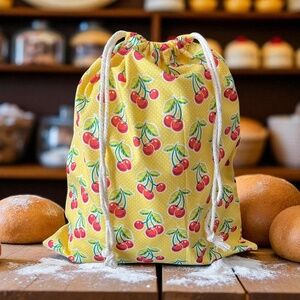 Cherry Print Yellow Cotton Bread Bag, Reusable Bread Storage Bag, Zero Waste